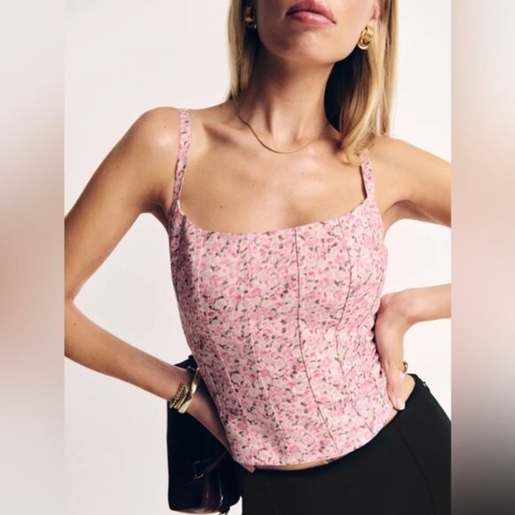 NEW Reformation Hattie Linen Top in Rosin Pink Floral | size 2 - Picture 1 of 12